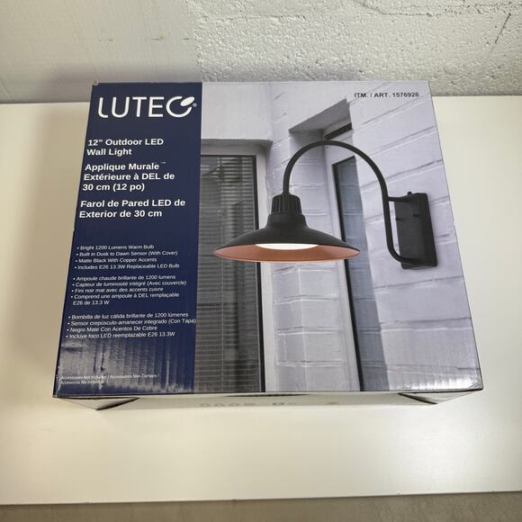 Lutec 12" Barnlight Outdoor Wall Light black/copper, Dusk to dawn - Picture 1 of 8